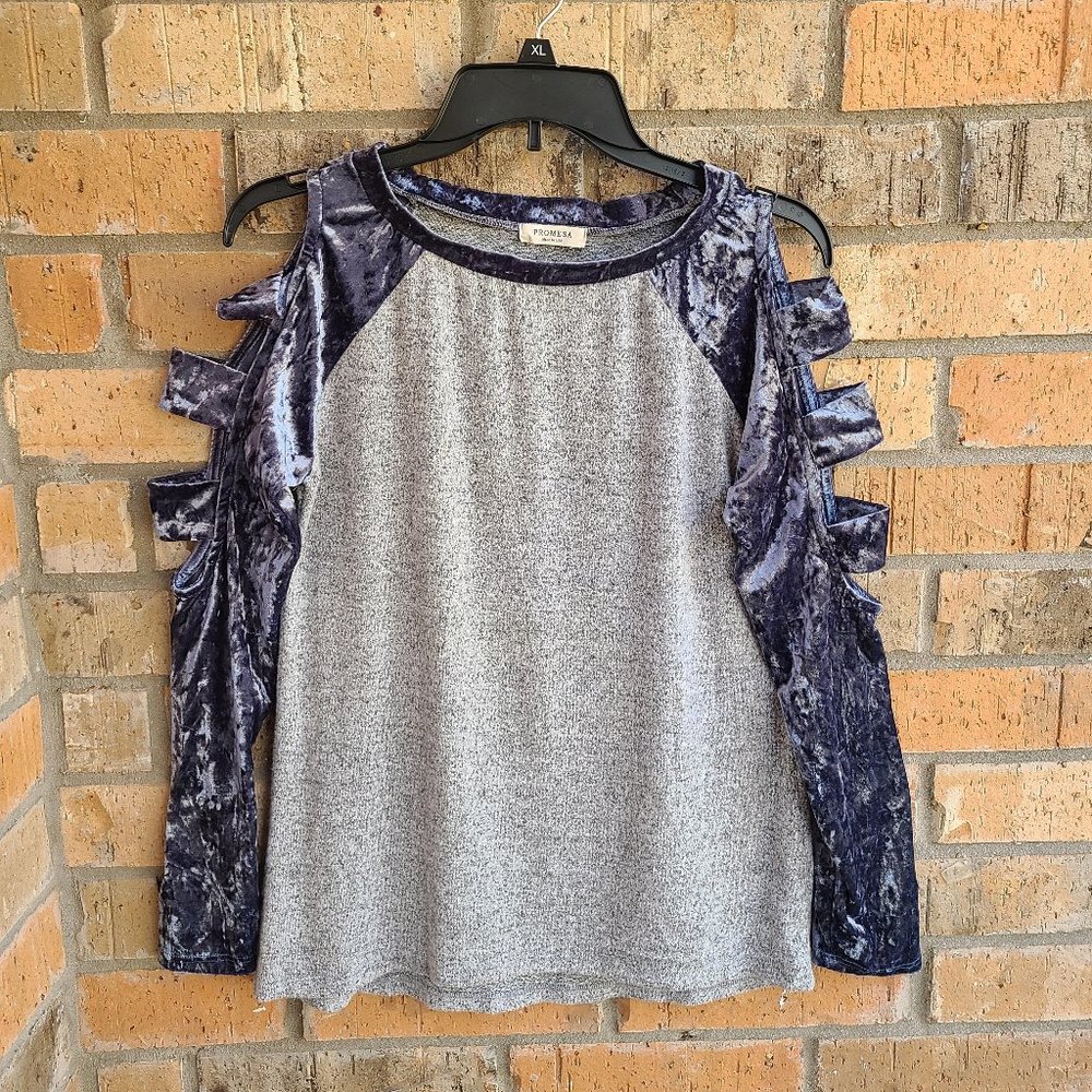 Promesa Women's Top Blouse Cold Open Shoulders Blue Gray Size S